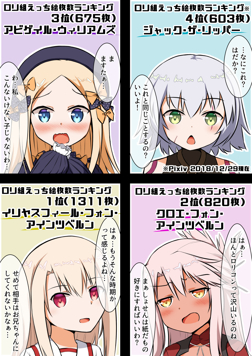 4girls, abigail_williams_(fate/grand_order), bangs, black_bow, black_dress, black_hat, black_shirt, blonde_hair