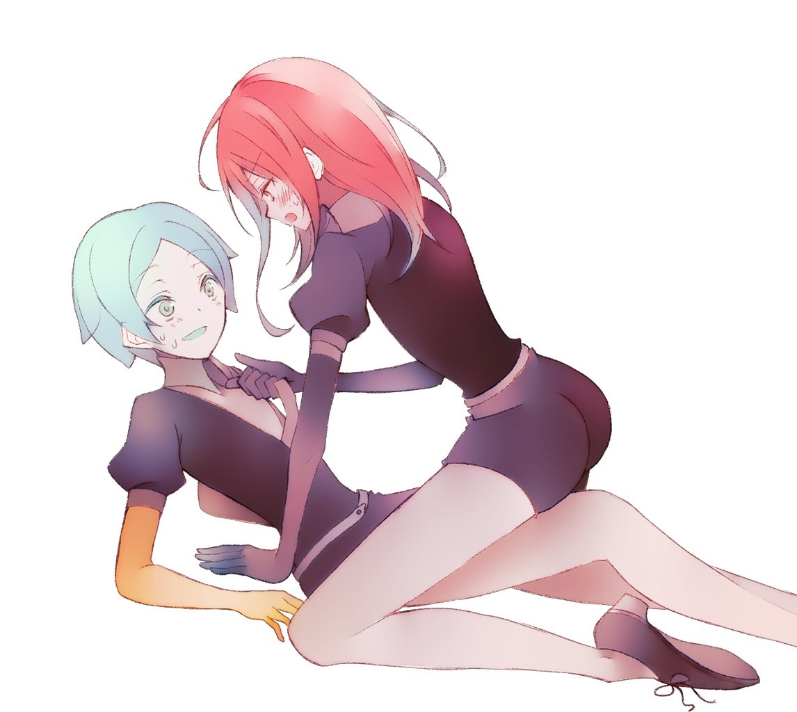 2others, ahoge, androgynous, aqua_eyes, aqua_hair, blush, colored_eyelashes, elbow_gloves, eyebrows_visible_through_hair, full_body, gem_uniform_(houseki_no_kuni), gloves, golden_arms, houseki_no_kuni, long_bangs, long_hair, looking_at_another, meguritekuruhi, multiple_others, necktie, necktie_grab, neckwear_grab, nervous_smile, phosphophyllite, red_eyes, redhead, shinsha_(houseki_no_kuni), short_hair, smile, straddling, white_background