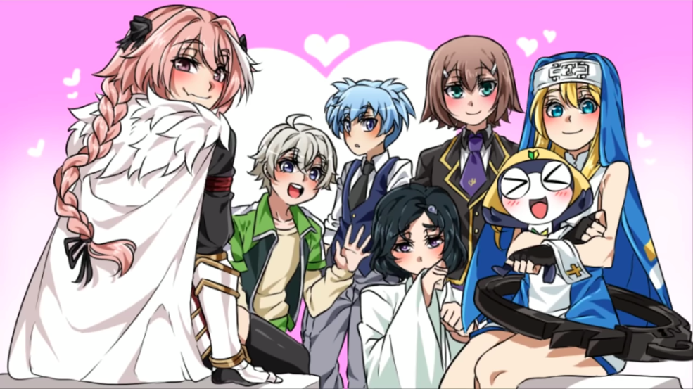 6+boys, ahoge, ansatsu_kyoushitsu, armor, astolfo_(fate), baka_to_test_to_shoukanjuu, bangs, black_hair