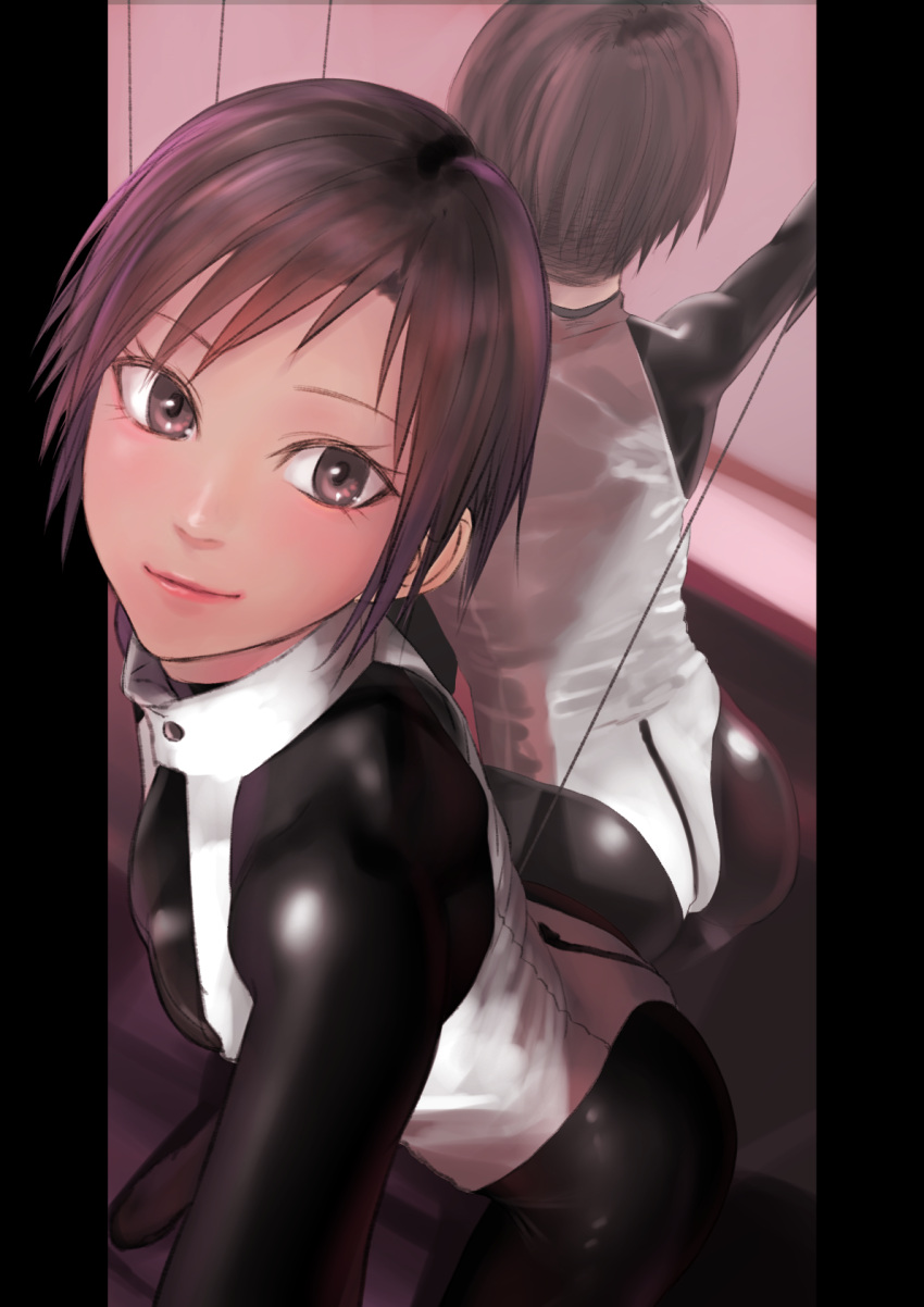1girl, ass, bodysuit, brown_eyes, brown_hair, from_above, gimp_suit, highres