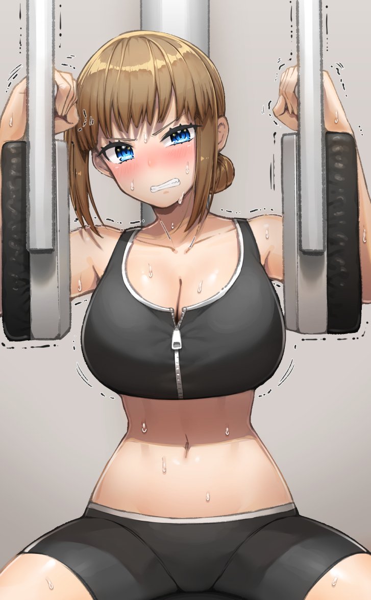 1girl, blue_eyes, blush, breasts, brown_hair, cleavage, clenched_teeth, commentary_request