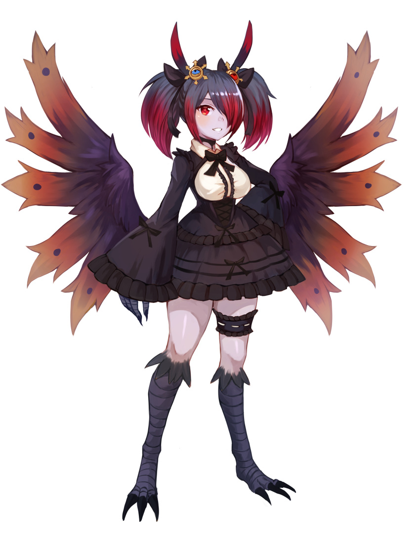 1girl, absurdres, alternate_costume, black_choker, black_hair, black_neckwear, black_ribbon, blue_skin, bow, bowtie, breasts, center_frills, choker, claws, dress, frilled_dress, frilled_sleeves, frills, full_body, gothic_lolita, gradient_hair, grin, hair_ornament, hair_over_one_eye, hair_ribbon, hand_on_hip, highres, ignitrix, khornette_quest, large_breasts, leg_garter, lolita_fashion, long_hair, long_sleeves, looking_at_viewer, monster_girl, multicolored_hair, parted_lips, paws, red_eyes, redhead, ribbon, simple_background, smile, solo, sookmo, standing, twintails, underbust, white_background, wide_sleeves, wings