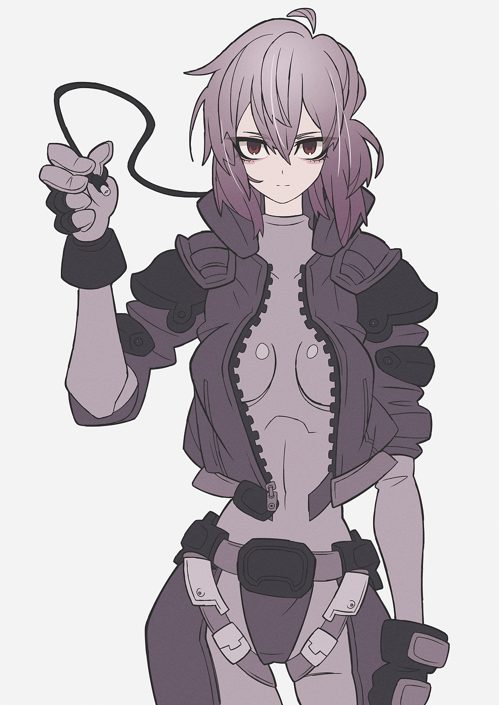 1girl, audio_cable, belt, belt_buckle, black_gloves, buckle, eyebrows_visible_through_hair, fingerless_gloves