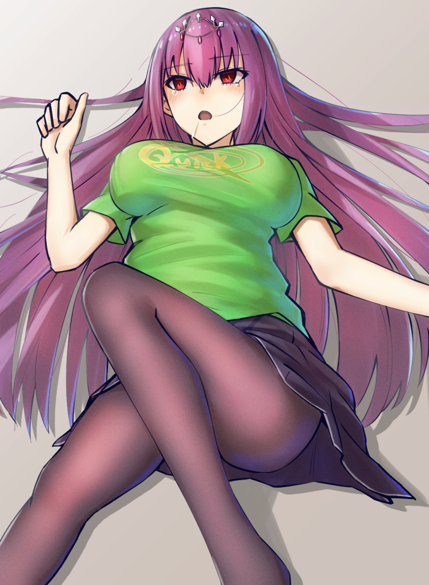 1girl, :o, alternate_costume, black_legwear, black_skirt, breasts, breasts_apart, commentary_request