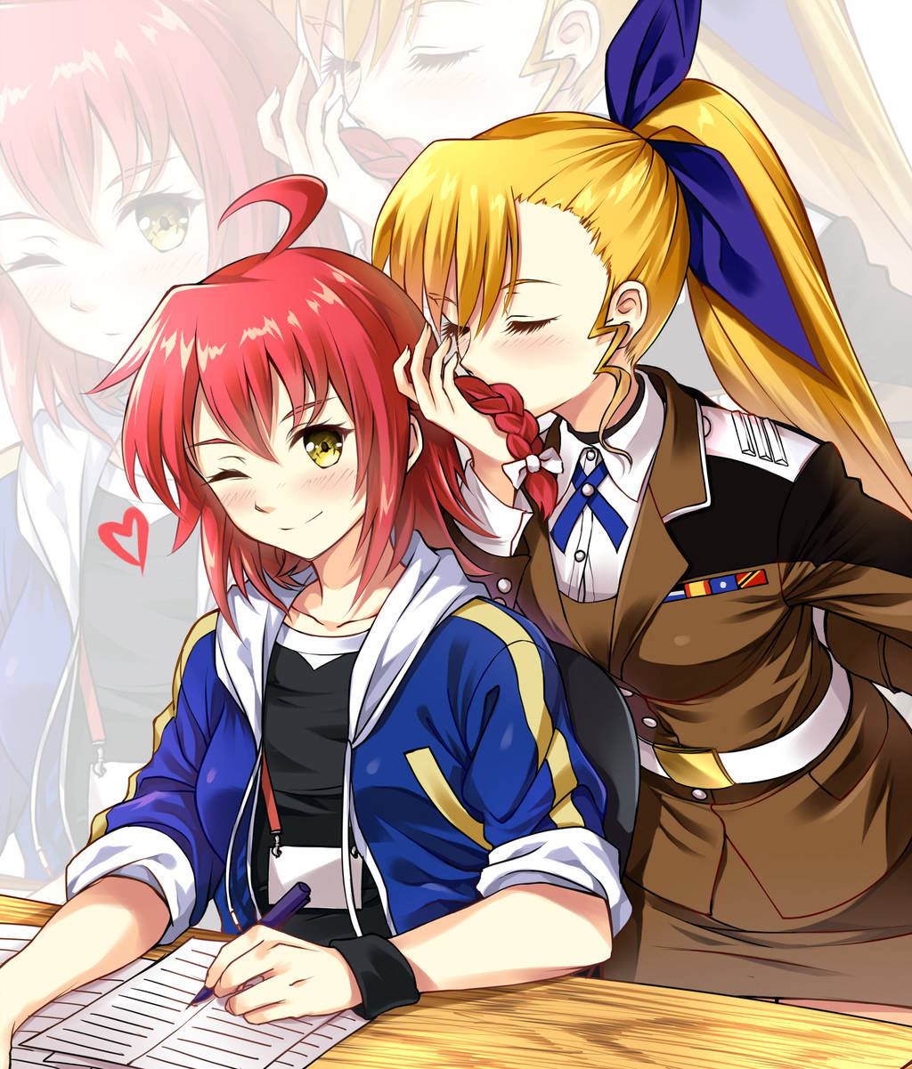 2girls, ahoge, blonde_hair, blue_ribbon, blush, braid, brown_jacket, brown_skirt