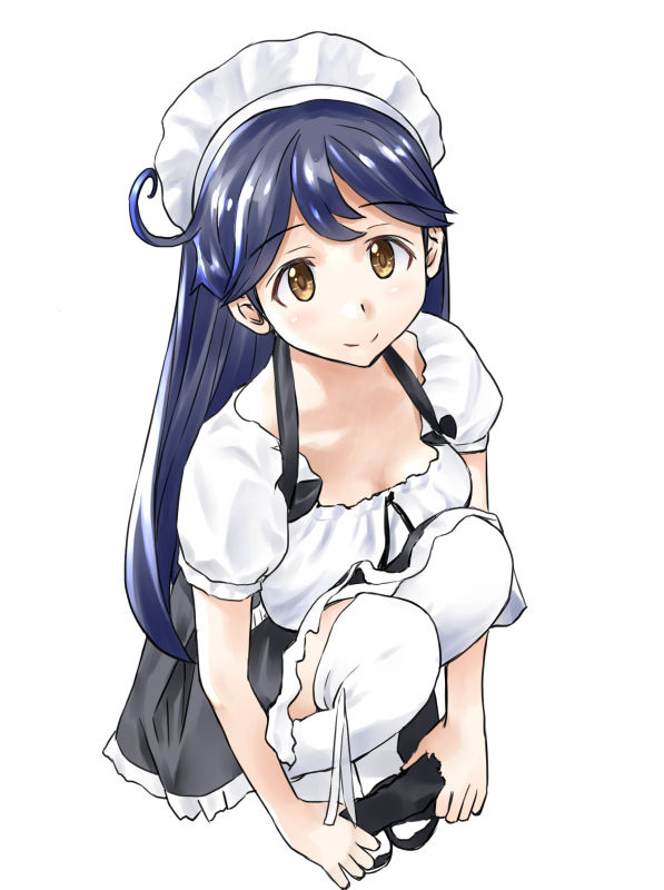 1girl, akito_(pixiv3623507), alternate_costume, antenna_hair, apron, black_dress, black_hair, breasts