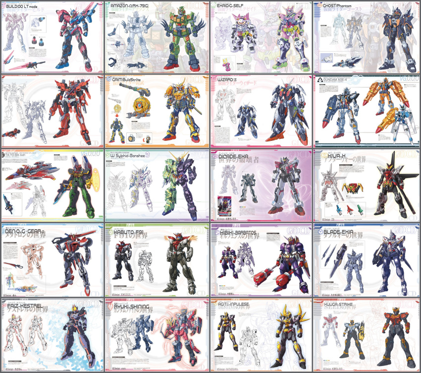00_gundam, 6+boys, absurdres, armor, character_name, character_sheet, crossover, emblem, g-self, ground_gundam, gundam, gundam_00, gundam_08th_ms_team, gundam_g_no_reconguista, highres, kamen_rider, kamen_rider_555, kamen_rider_agito, kamen_rider_agito_(series), kamen_rider_amazon_omega, kamen_rider_amazons, kamen_rider_blade, kamen_rider_blade_(series), kamen_rider_build, kamen_rider_build_(series), kamen_rider_dcd, kamen_rider_decade, kamen_rider_den-o, kamen_rider_den-o_(series), kamen_rider_double, kamen_rider_drive, kamen_rider_drive_(series), kamen_rider_ex-aid, kamen_rider_ex-aid_(series), kamen_rider_faiz, kamen_rider_fourze, kamen_rider_fourze_(series), kamen_rider_gaim, kamen_rider_gaim_(series), kamen_rider_ghost, kamen_rider_ghost_(series), kamen_rider_hibiki, kamen_rider_hibiki_(series), kamen_rider_kabuto, kamen_rider_kabuto_(series), kamen_rider_kiva, kamen_rider_kiva_(series), kamen_rider_kuuga, kamen_rider_kuuga_(series), kamen_rider_nadeshiko, kamen_rider_ooo, kamen_rider_ooo_(series), kamen_rider_ryuki, kamen_rider_ryuki_(series), kamen_rider_w, kamen_rider_wizard, kamen_rider_wizard_(series), kivat-bat_iii, mecha, mechanization, multiple_boys, multiple_views, neon_trim, no_humans, no_pupils, over_shoulder, standing, transformation, v-fin, weapon, weapon_over_shoulder, yanagi_joe