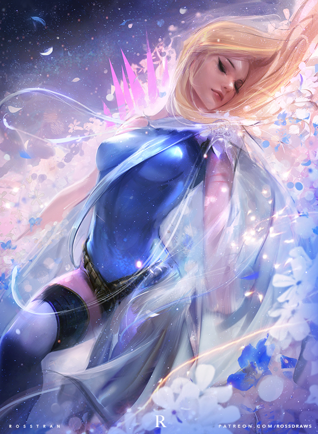 1girl, artist_name, blonde_hair, breasts, closed_eyes, closed_mouth, fantasy, flower, head_tilt, long_hair, original, ross_tran, valencia