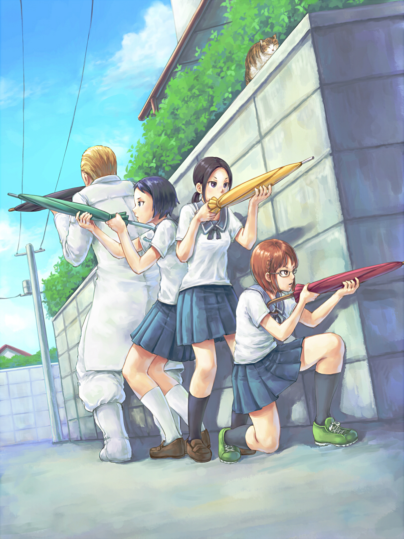1boy, 3girls, aiming, andou_mayuta, black_hair, black_legwear, blue_hair, braid, brick_wall, brown_eyes, brown_hair, cat, chio-chan_no_tsuugakuro, closed_umbrella, eply, glasses, holding, holding_umbrella, hosokawa_yuki, kneehighs, low_twintails, miyamo_chio, multiple_girls, nonomura_manana, pleated_skirt, power_lines, road, school_uniform, serafuku, shoes, short_hair, skirt, sneakers, street, telephone_pole, twintails, umbrella, wall