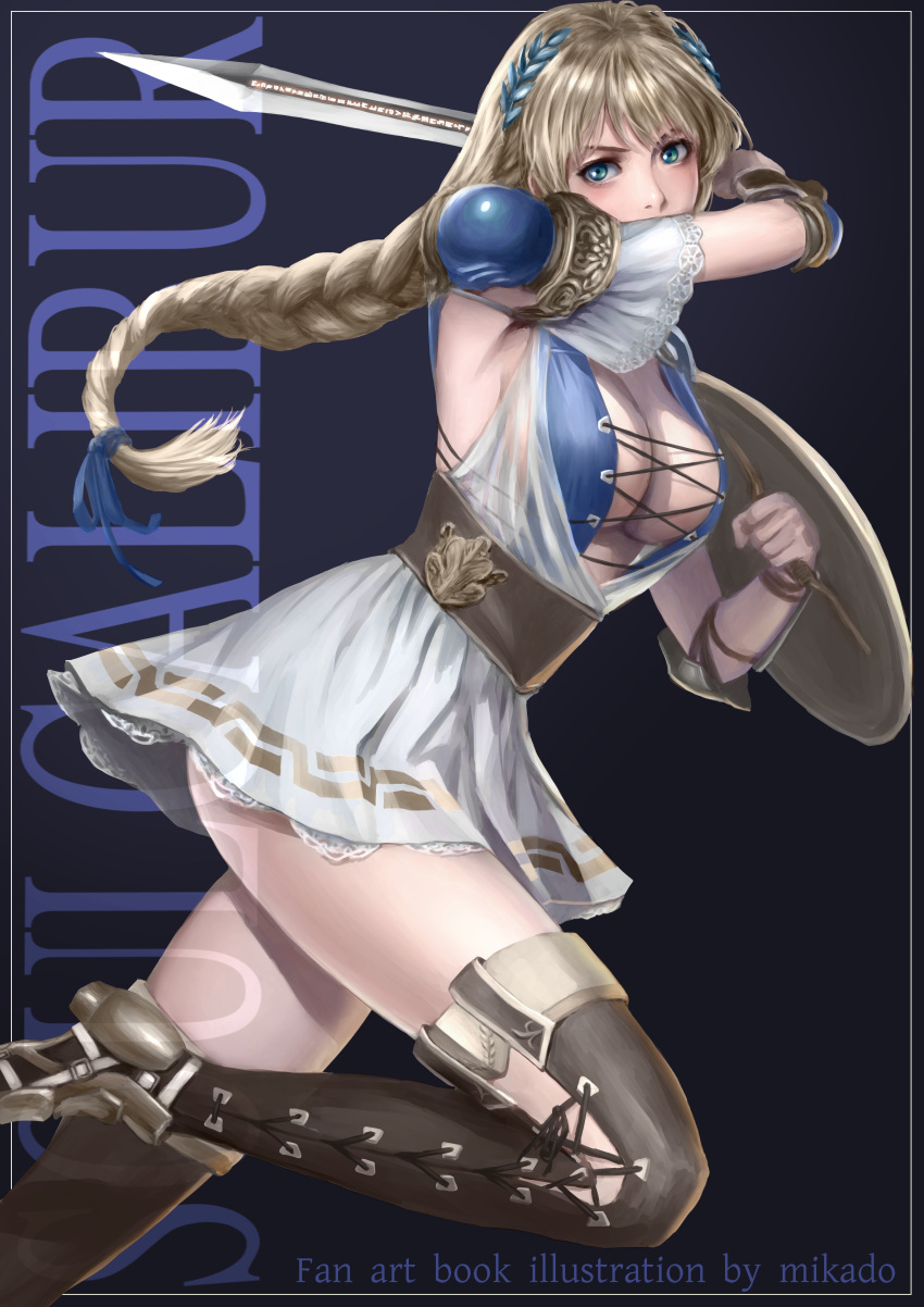 1girl, absurdres, armor, blonde_hair, blue_eyes, braid, breasts, cleavage