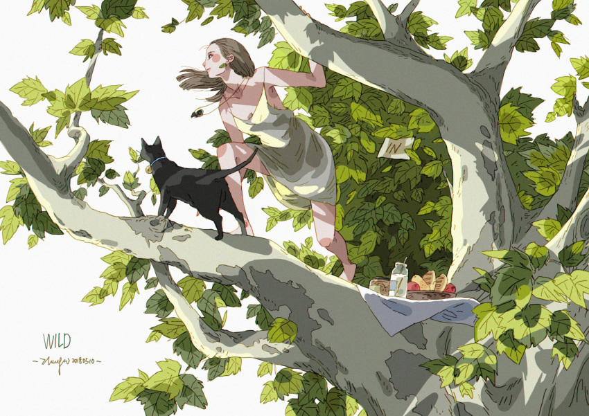 1girl, apple, arm_support, barefoot, basket, bell, bell_collar, black_cat