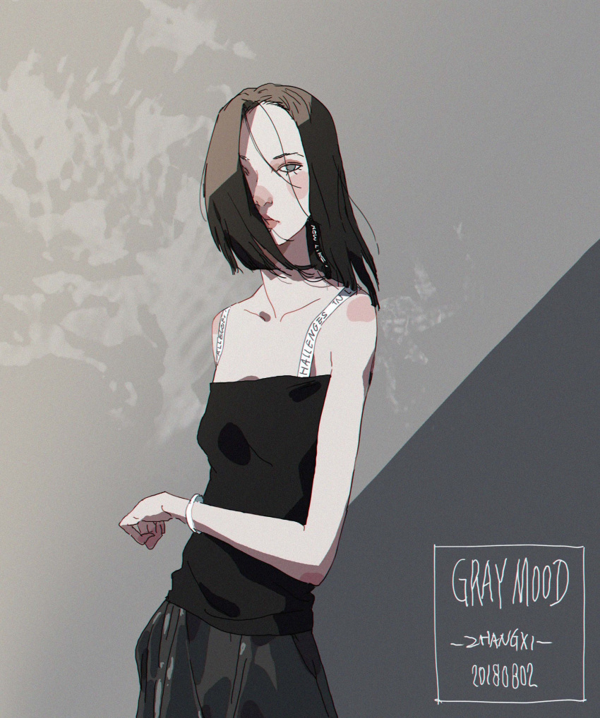 1girl, arm_across_waist, artist_name, asymmetrical_hair, black_hair, black_shirt, black_skirt, breasts