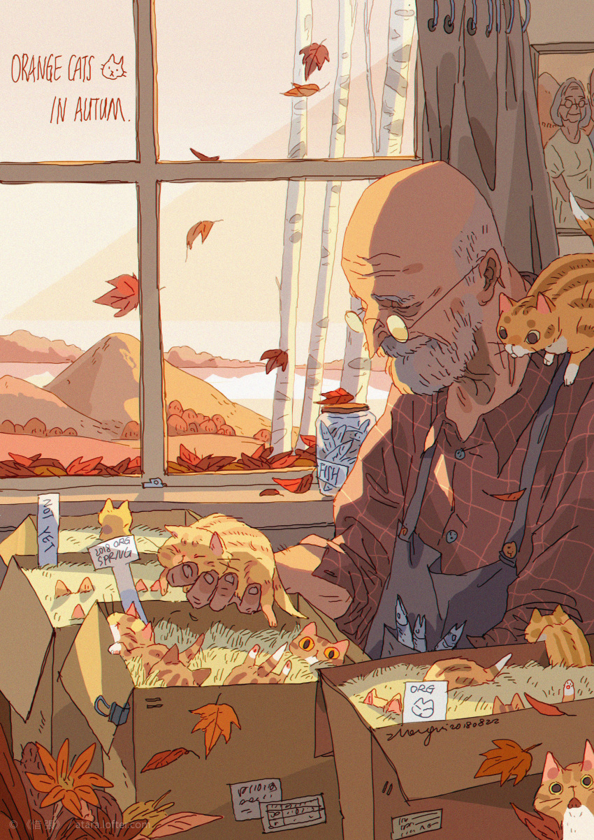 1girl, absurdres, animal, animal_on_shoulder, artist_name, autumn, autumn_leaves, bald