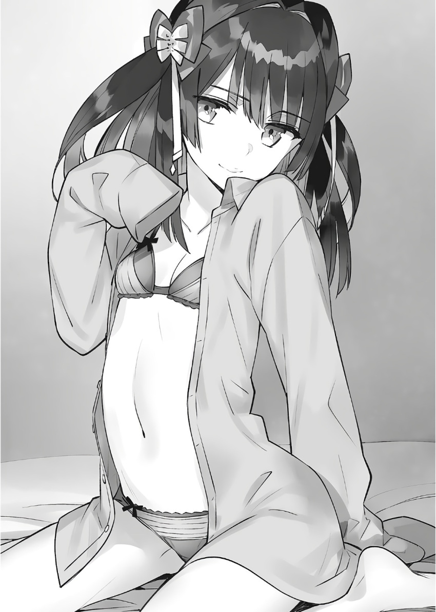1girl, arm_support, assassins_pride, barefoot, bow, breasts, cleavage, collarbone