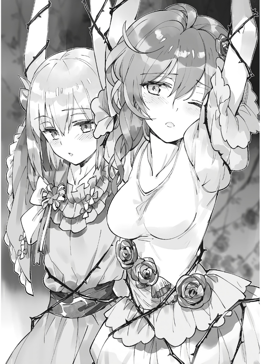 2girls, arms_up, assassins_pride, breasts, collarbone, dress, elise_angel, eyebrows_visible_through_hair