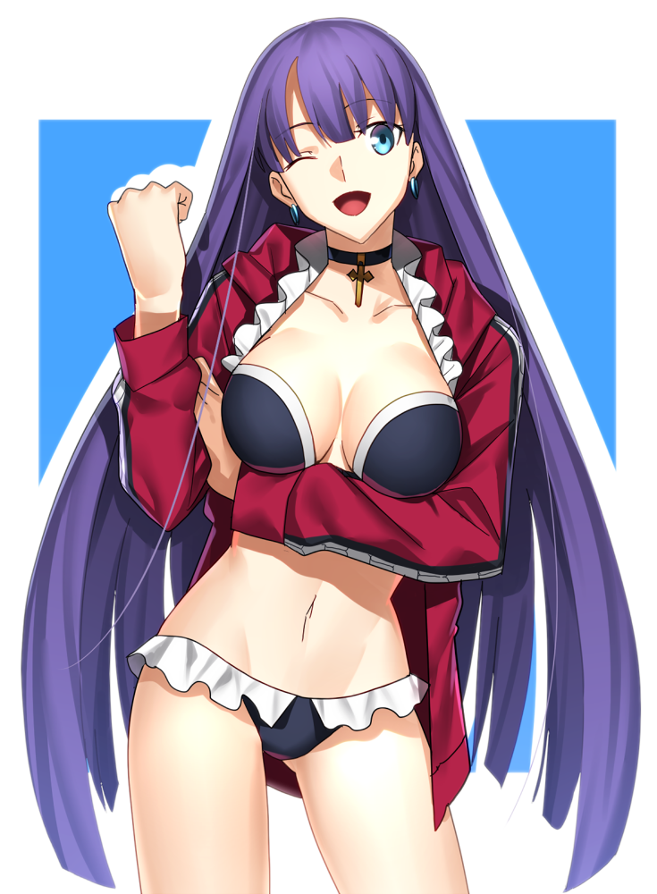 1girl, ;d, bikini, black_bikini, blue_eyes, breasts, choker, cleavage, collarbone, cowboy_shot, earrings, fate/grand_order, fate_(series), floating_hair, frilled_bikini, frills, groin, jacket, jewelry, large_breasts, long_hair, long_sleeves, navel, one_eye_closed, open_clothes, open_jacket, open_mouth, purple_hair, red_jacket, saint_martha, saint_martha_(swimsuit_ruler)_(fate), sen_(77nuvola), shaak_ti, smile, solo, standing, swimsuit, very_long_hair