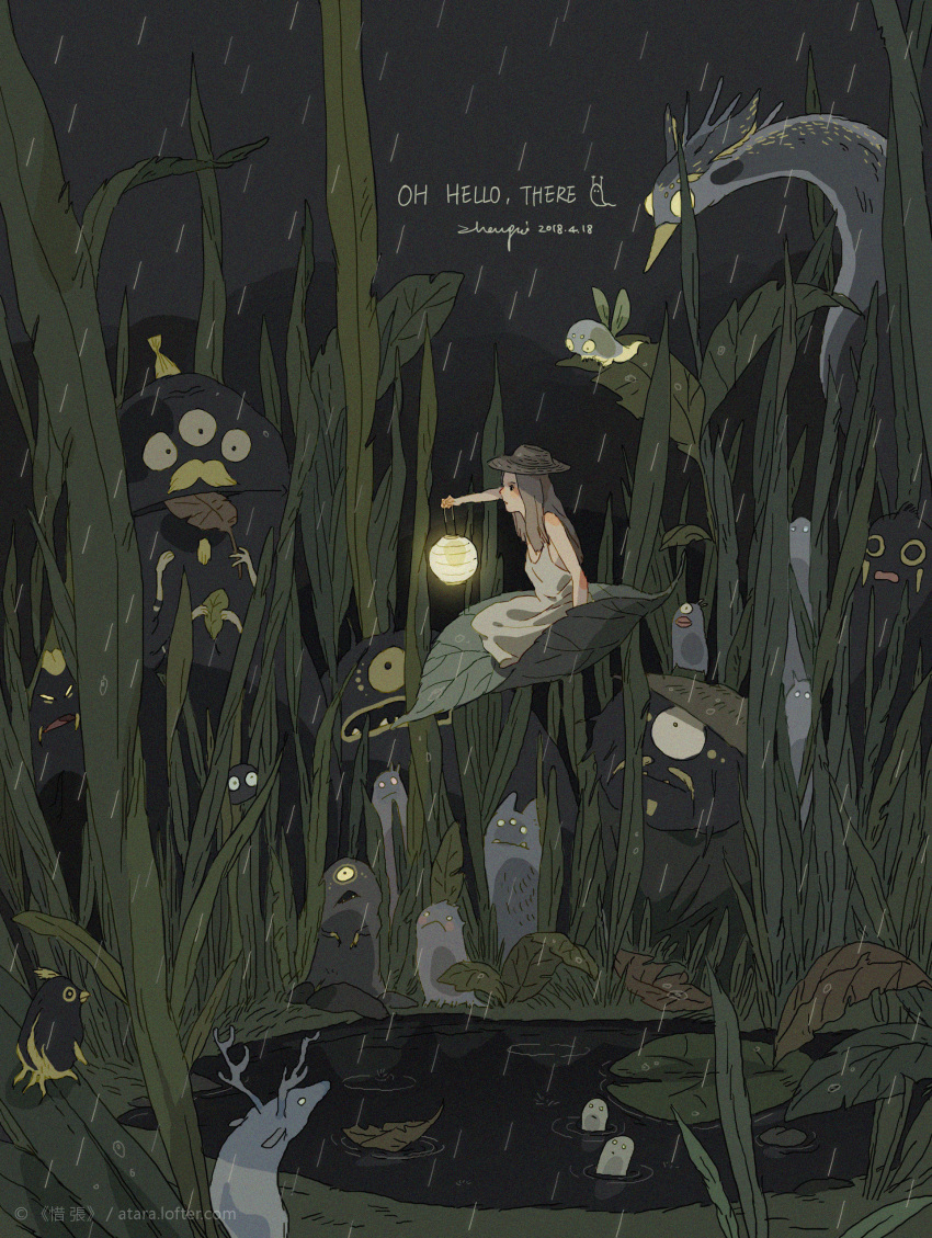 1girl, absurdres, animal, antlers, artist_name, commentary, creature, dated, deer, dress, english_commentary, english_text, fantasy, grass, grey_dress, highres, holding, holding_lantern, holding_leaf, lantern, leaf, night, original, oversized_animal, oversized_object, pond, rain, signature, solo, watermark, web_address, xi_zhang
