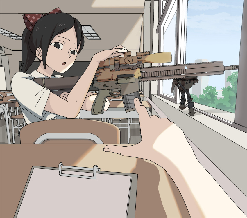 1girl, absurdres, battle_rifle, bipod, black_eyes, black_hair, bow, classroom