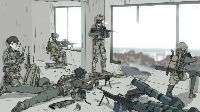 2girls, 3boys, aiming, assault_rifle, backpack, bag, bipod, black_hair