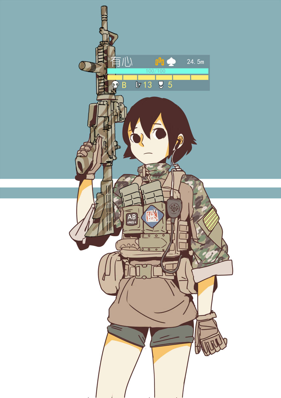 1girl, assault_rifle, black_eyes, black_hair, camouflage, chinese, chinese_commentary, commentary_request