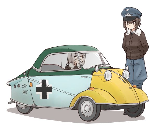 2girls, arms_behind_back, black_footwear, black_jacket, blue_hat, blue_pants, bomber_jacket, boots