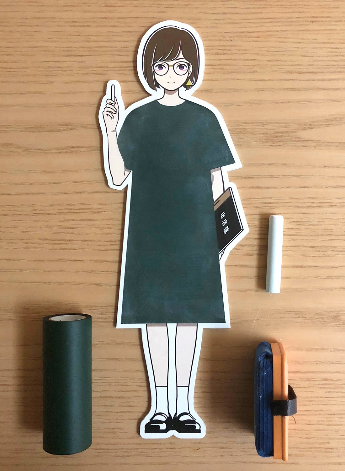 1girl, bangs, black_dress, black_footwear, brown_hair, chalk, chalkboard, dress