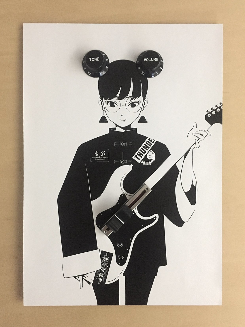 1girl, bangs, black_eyes, black_hair, black_shirt, cowboy_shot, double_bun, earrings