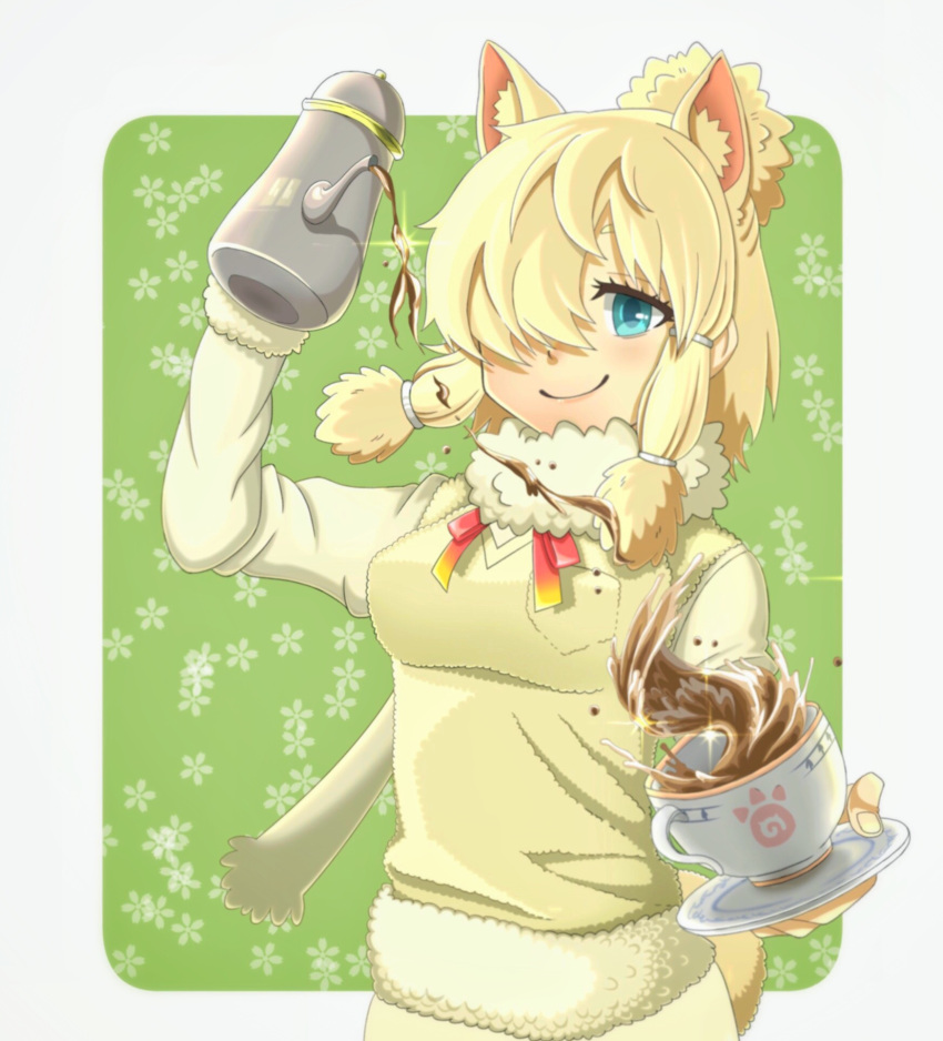1girl, alpaca_ears, alpaca_suri_(kemono_friends), alpaca_tail, animal_ears, aqua_eyes, arm_up, bangs