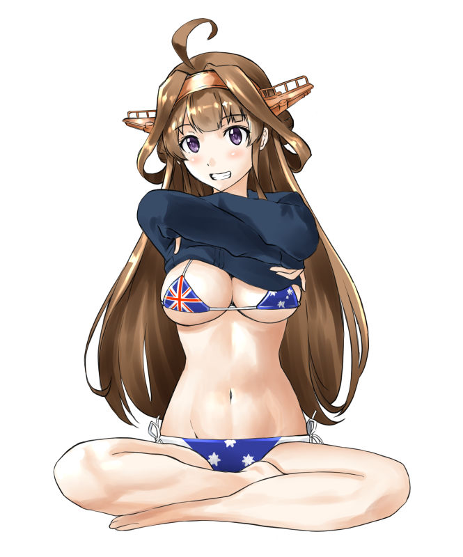 1girl, ahoge, akito_(pixiv3623507), australian_flag, australian_flag_bikini, barefoot, bikini, blue_shirt
