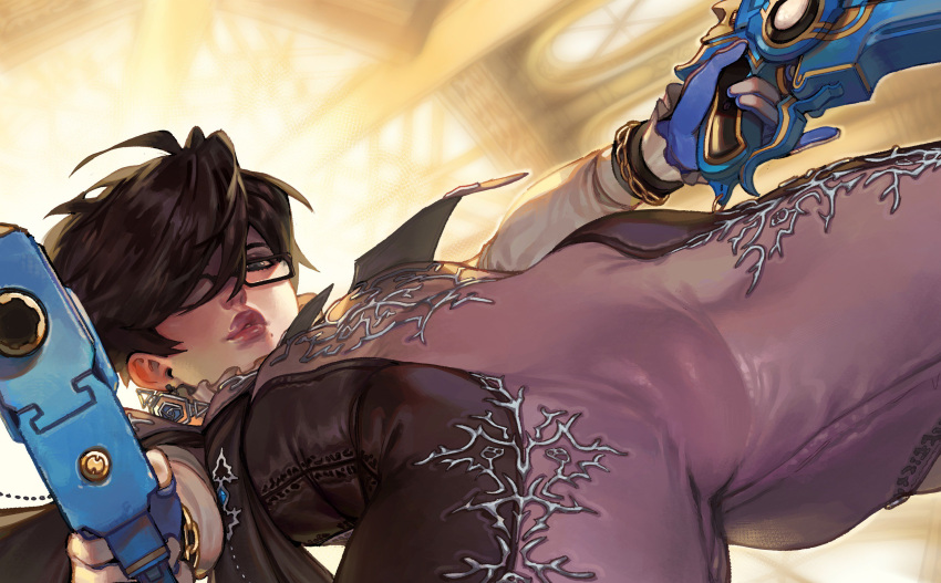 1girl, alternate_hair_length, alternate_hairstyle, amulet, ankle_gun, bayonetta, bayonetta_(character), bayonetta_2