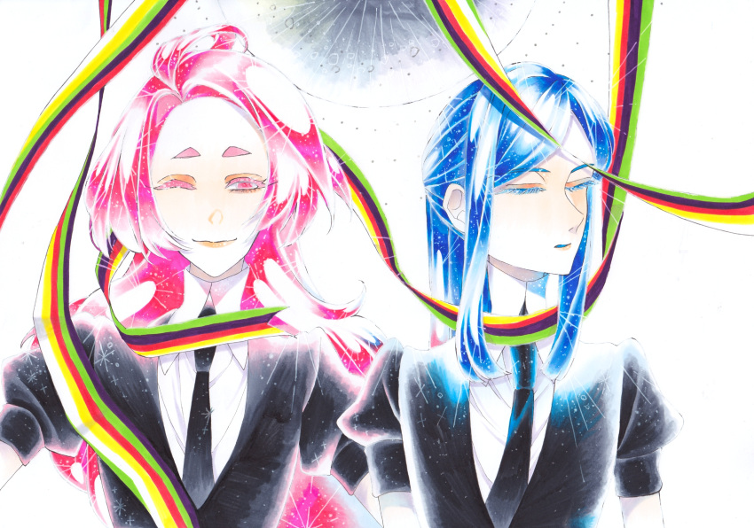 2others, androgynous, blue_hair, closed_eyes, colored_eyelashes, crystal_hair, gem_uniform_(houseki_no_kuni), highres