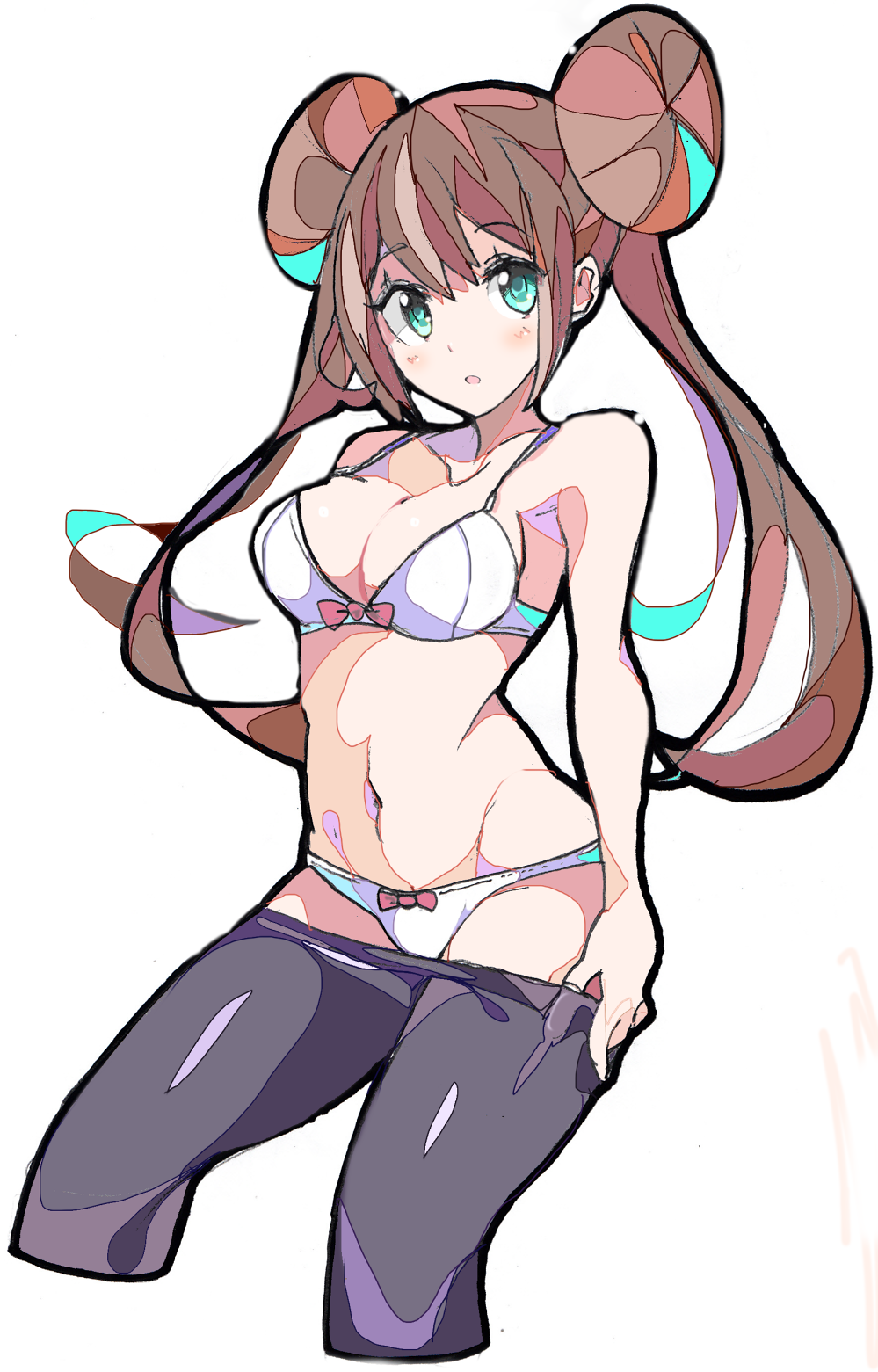 1girl, :o, bangs, bare_arms, bare_shoulders, black_legwear, blue_eyes, bow
