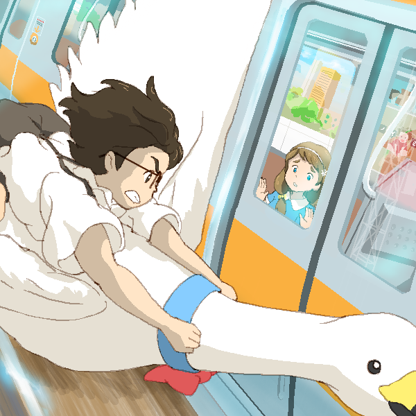 1boy, 1girl, arumei_(arumeisakufan), bird, blue_dress, blue_eyes, brown_eyes, brown_hair, child, clenched_teeth, dress, eye_contact, glasses, ground_vehicle, hinata_(hinata_no_aohsigure), hinata_no_aoshigure, long_hair, looking_at_another, riding_bird, shigure_(hinata_no_aoshigure), short_sleeves, suspenders, teeth, train