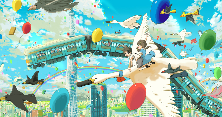 1boy, 1girl, arm_up, bird, black_hair, blue_dress, blue_sky, bow