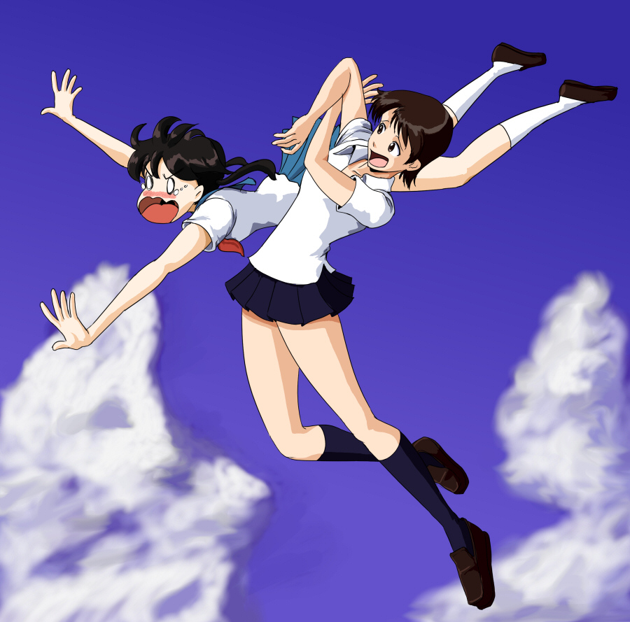 2girls, :o, black_hair, black_legwear, black_skirt, blue_skirt, blue_sky, blush