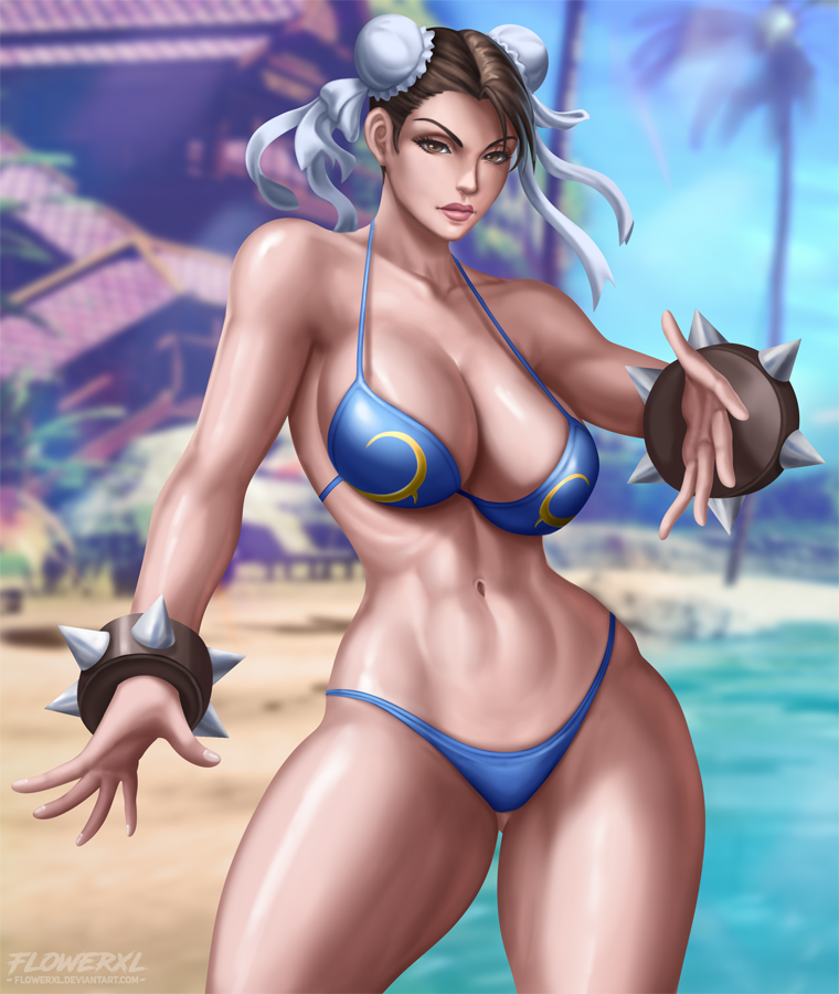 1girl, bikini, blurry, blurry_background, breasts, brown_hair, capcom, chun-li