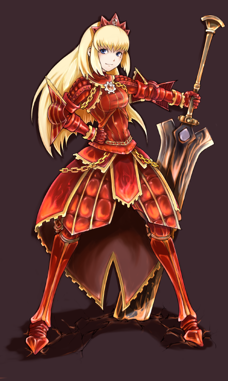 armored_dress, blonde_hair, blue_eyes, crown, hat, huge_sword, huge_weapon, ina_(gokihoihoi)