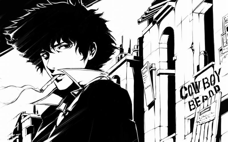 cowboy_bebop, ina_(gokihoihoi), ina_(pixiv6911), male, male_only, monochrome, short_hair, smoking