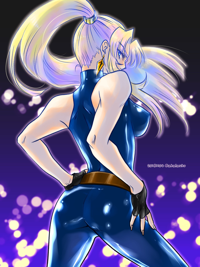 1girl, 2018, absurdres, ass, belt, black_gloves, blonde_hair, blue_bodysuit
