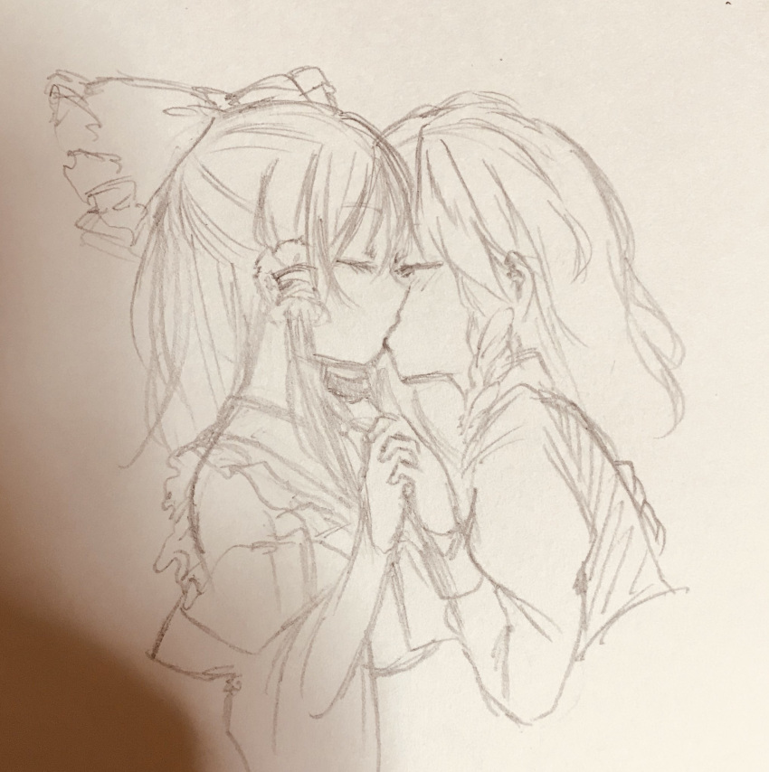 2girls, bangs, bare_shoulders, bow, braid, closed_eyes, frilled_ribbon, frills