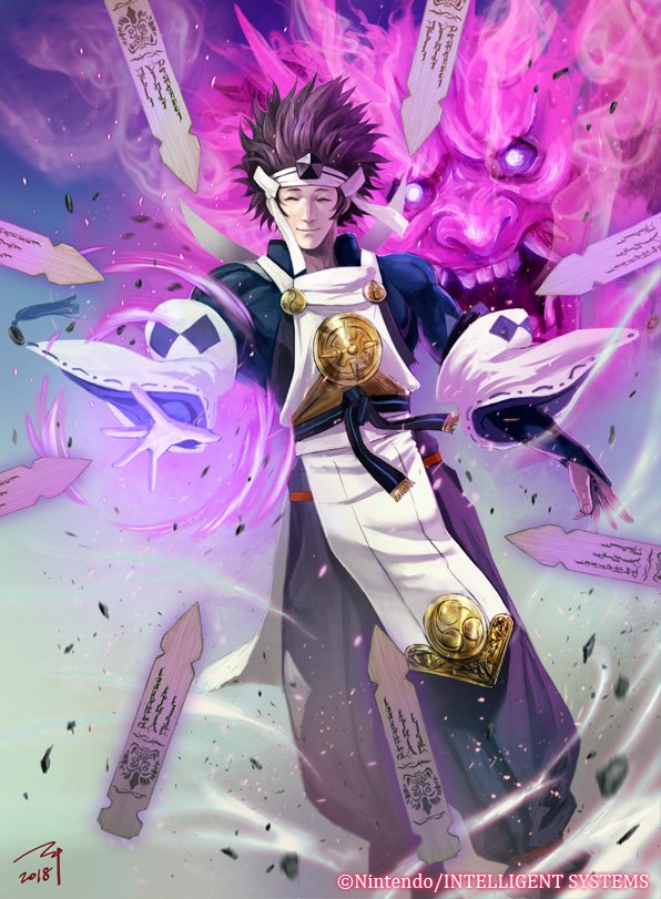 1boy, artist_name, asama_(fire_emblem_if), belt, brown_hair, closed_eyes, copyright_name, demon