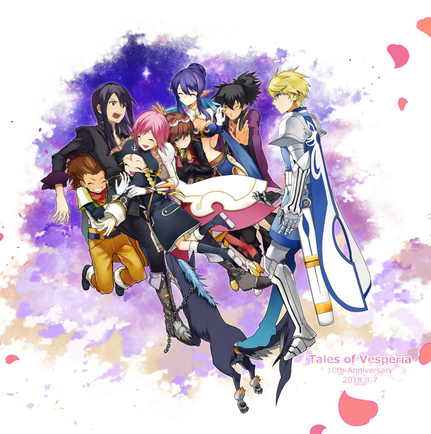 >3<, 4boys, 4girls, anchor_symbol, ankle_boots, armor, belt, binoculars, black_footwear, black_hair, black_shirt, blonde_hair, blue_eyes, blue_footwear, boots, braid, breasts, brown_hair, cape, cleavage, closed_eyes, dog, dress, estellise_sidos_heurassein, everyone, floating, flynn_scifo, frilled_hat, frills, gauntlets, gloves, goggles, goggles_on_head, greaves, green_eyes, grin, group_hug, hair_between_eyes, hair_bun, hair_ribbon, hat, highres, hug, judith, karol_capel, knee_boots, knight, layered_dress, long_coat, long_hair, long_sleeves, midriff, mitsuxodc_38, multiple_boys, multiple_girls, orange_pants, pants, patty_fleur, petals, pink_dress, pink_hair, pirate, pirate_hat, pointy_ears, ponytail, puffy_long_sleeves, puffy_sleeves, purple_coat, purple_hair, purple_ribbon, raven_(tales), red_neckwear, repede, ribbon, rita_mordio, sheath, sheathed, shirt, short_hair, short_sleeves, shoulder_armor, sidelocks, sky, sleeves_rolled_up, smile, spaulders, star_(sky), sweat, sword, tales_of_(series), tales_of_vesperia, twin_braids, violet_eyes, weapon, white_dress, white_footwear, white_gloves, wide_sleeves, yuri_lowell