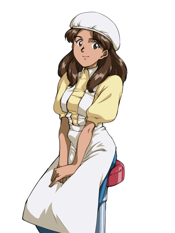 1girl, apron, blouse, breasts, brown_eyes, brown_hair, chair, commentary_request