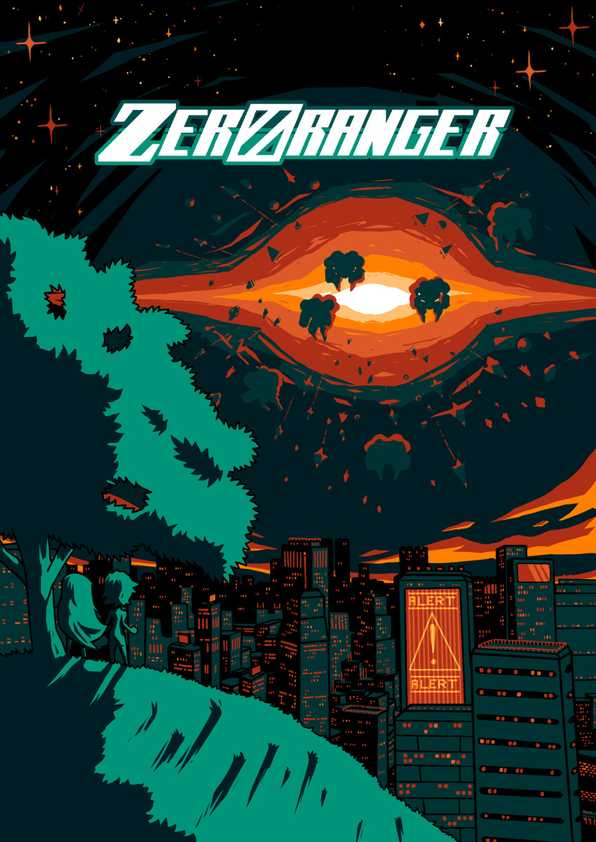 2girls, building, copyright_name, dori_(zeroranger), green, highres, hill, limited_palette, mecha, mido_(zeroranger), multiple_girls, orange_(color), setz, sign, sky, skyscraper, star_(sky), starry_sky, tree, warning_sign, zeroranger