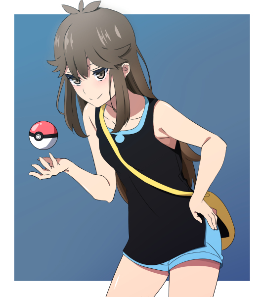 1girl, arimon_(dfrgty12), bag, black_shirt, blue_(pokemon), blue_shorts, brown_eyes, brown_hair