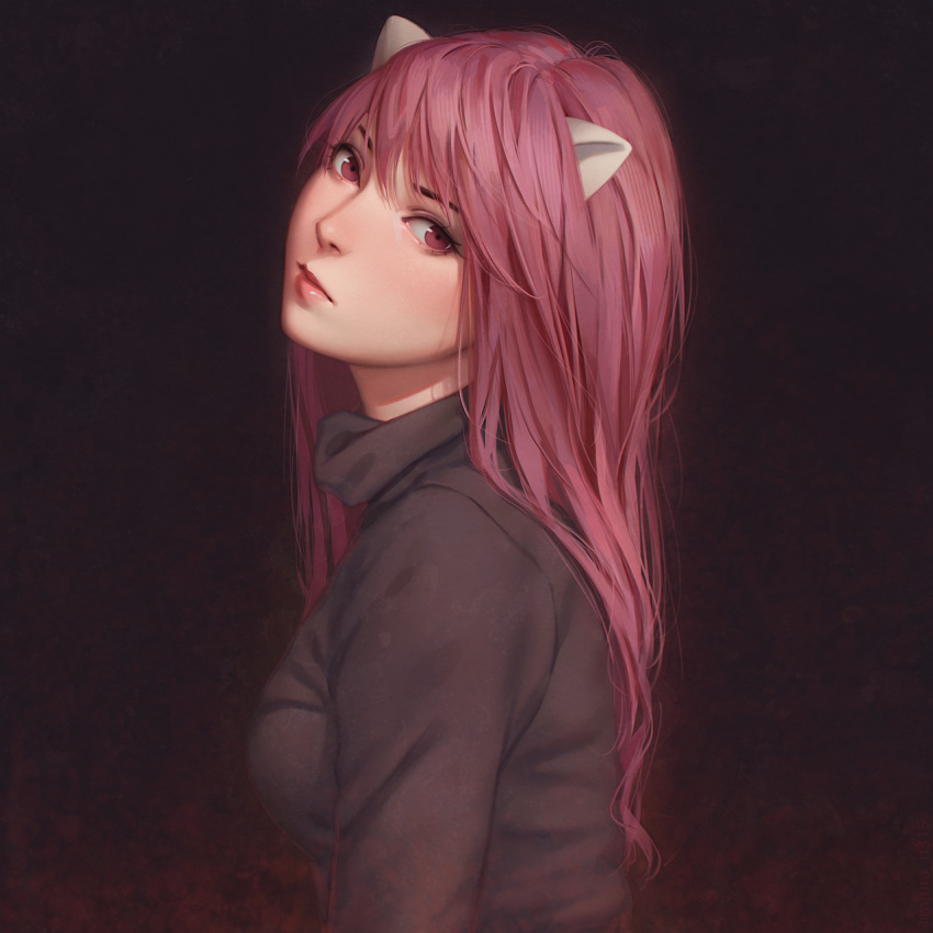 1girl, bangs, breasts, brown_hair, brown_shirt, closed_mouth, commentary_request, elfen_lied
