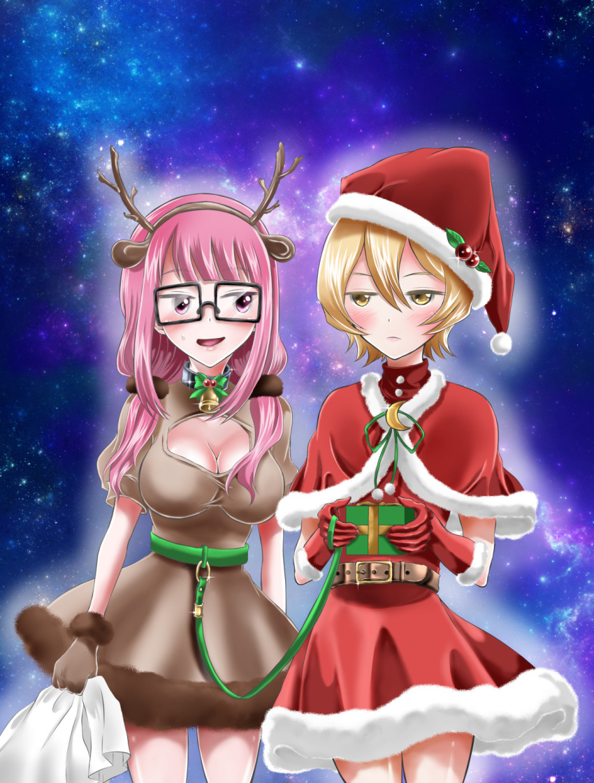 2girls, animal_costume, animal_ears, antlers, bell, bell_collar, blonde_hair, blush