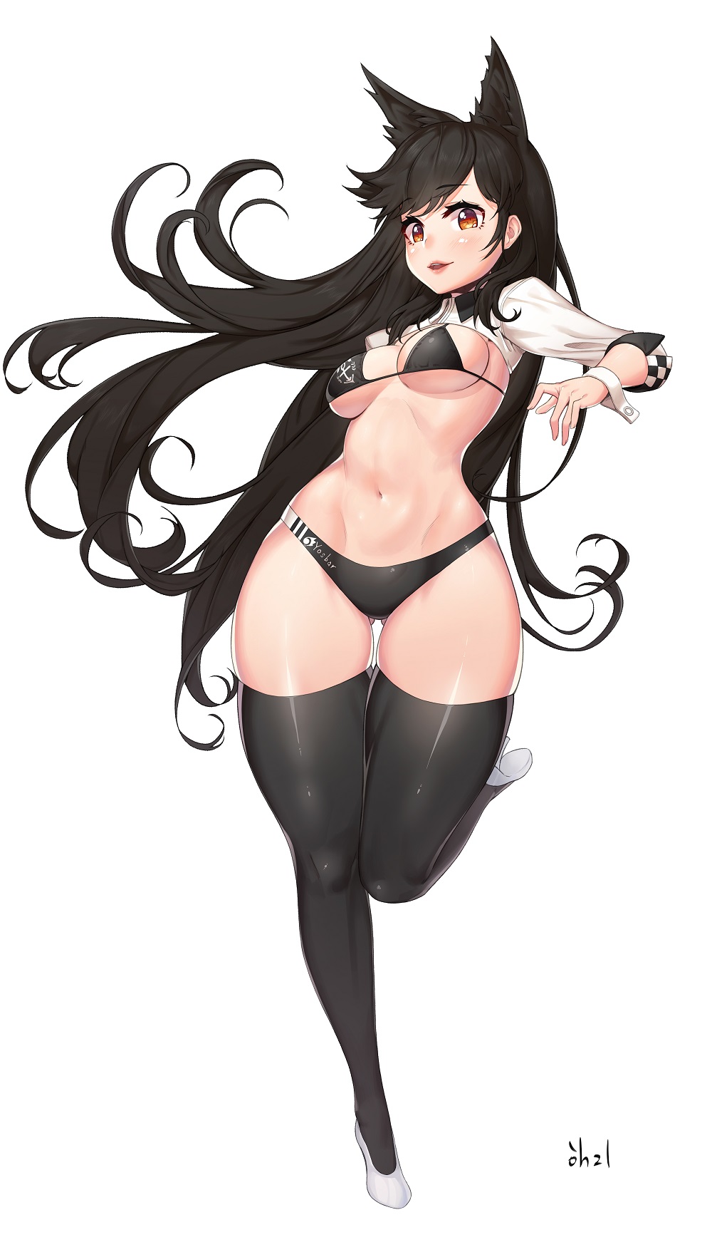 1girl, animal_ears, ass_visible_through_thighs, atago_(azur_lane), azur_lane, bikini, black_bikini, black_hair, black_legwear, eyebrows_visible_through_hair, full_body, harry_(dudwofla), high_heels, highres, lips, long_hair, looking_at_viewer, navel, open_mouth, red_eyes, signature, simple_background, skindentation, smile, solo, string_bikini, swimsuit, thigh-highs, white_background, white_footwear, wrist_cuffs