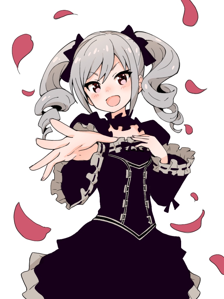 1girl, :d, black_bow, black_dress, blush, bow, ddak5843, dress