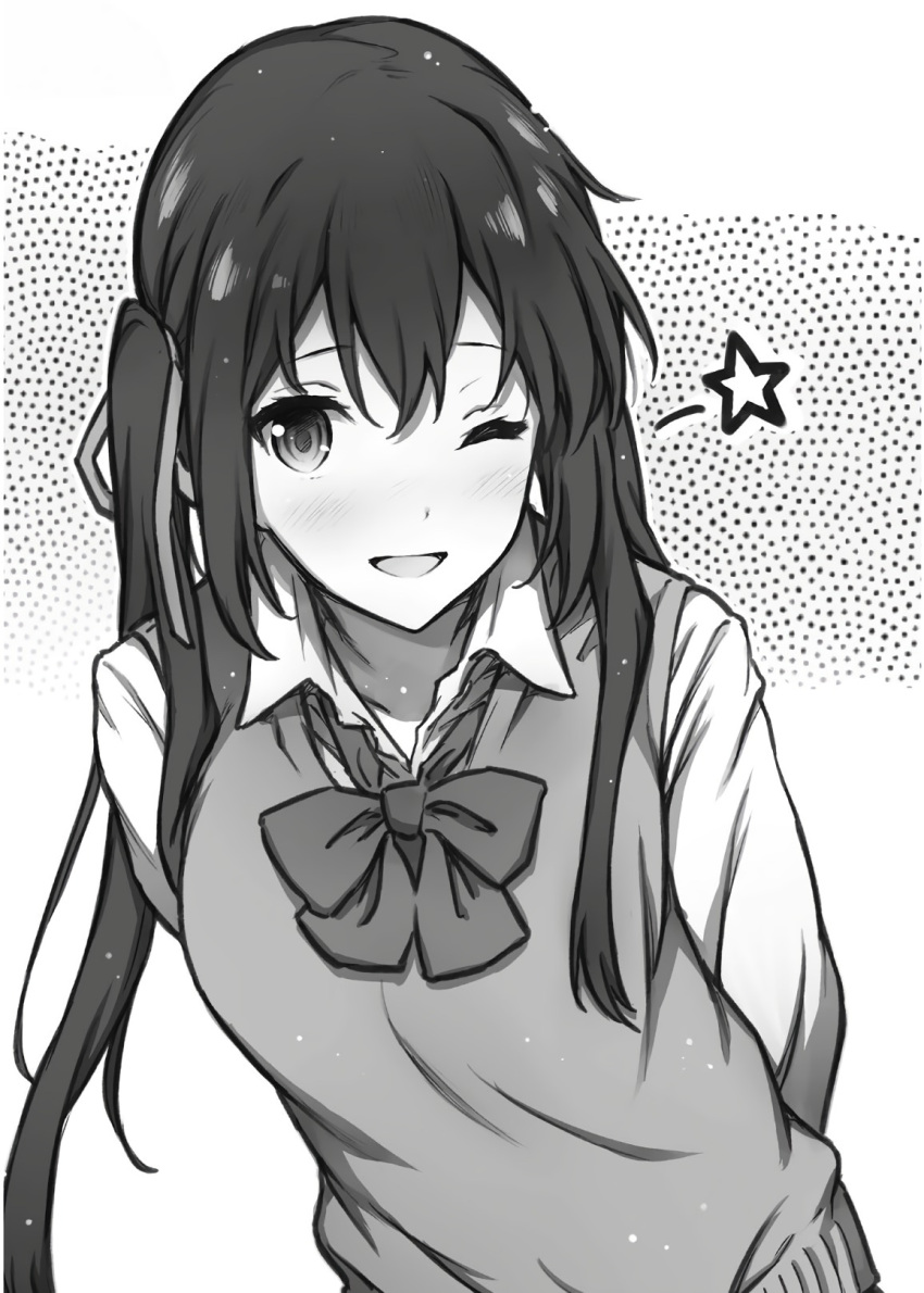 1girl, ;d, arms_behind_back, gamers!, greyscale, hair_between_eyes, hair_ribbon, highres